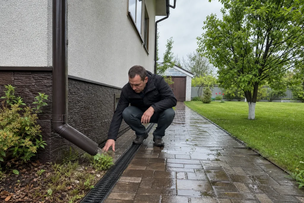 Перевірка водовідведення біля приватного будинку після дощу