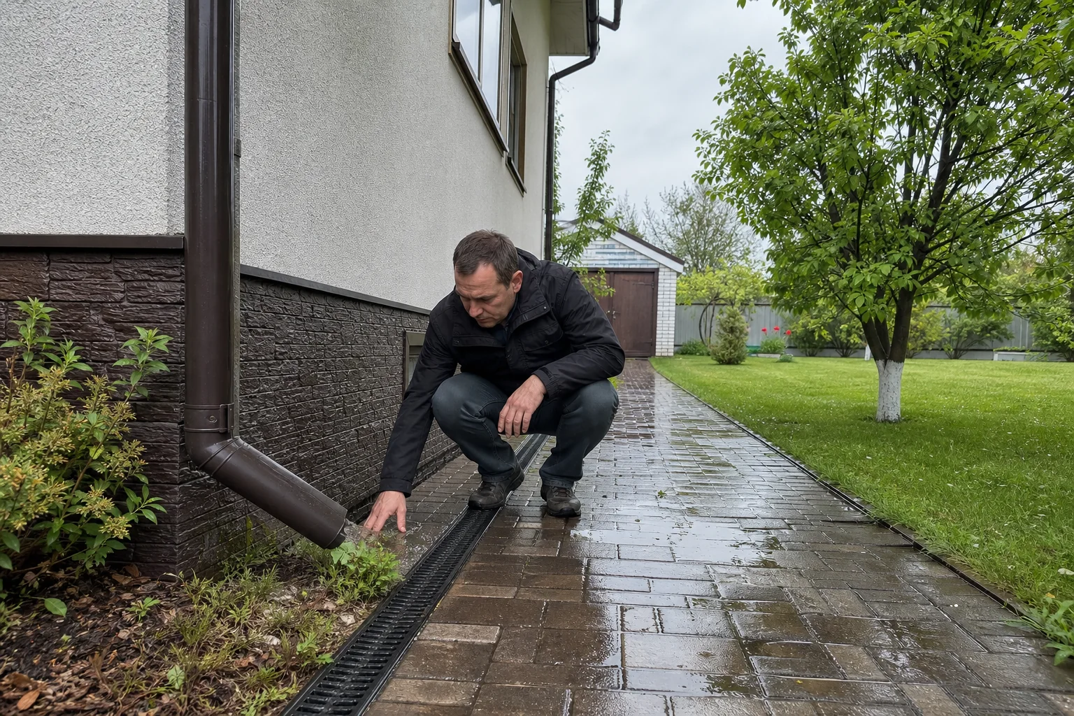Перевірка водовідведення біля приватного будинку після дощу